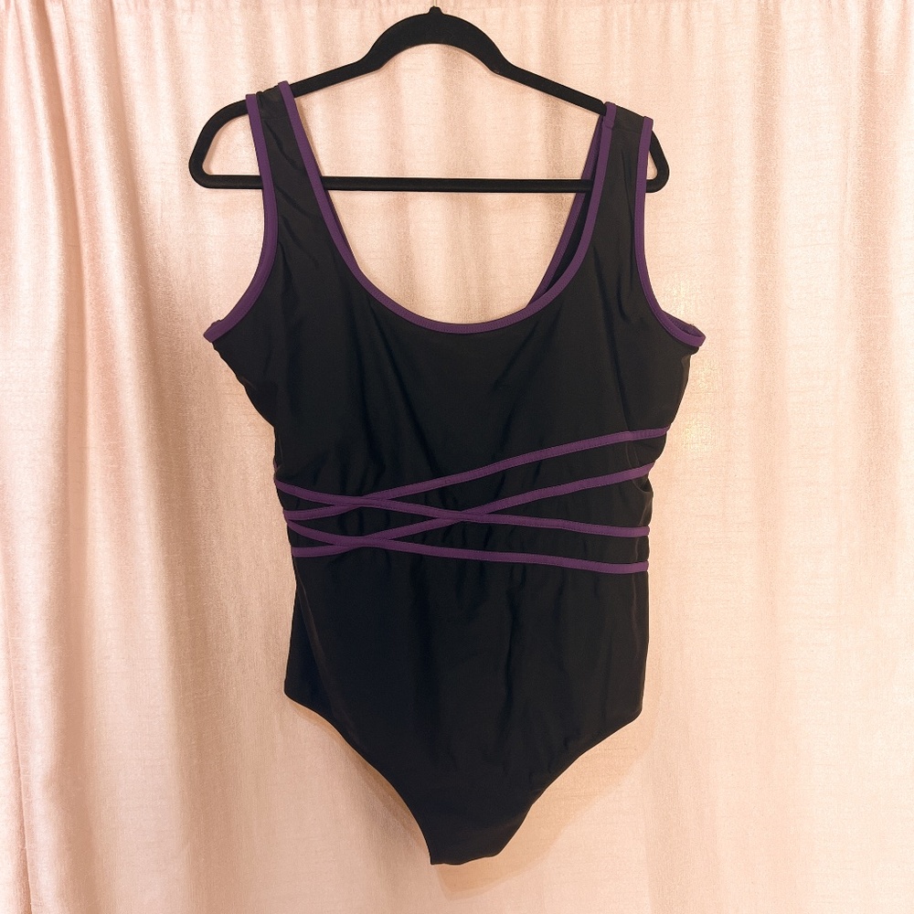 One piece black & purple bathing suit with built in chest support - Catalina-3X